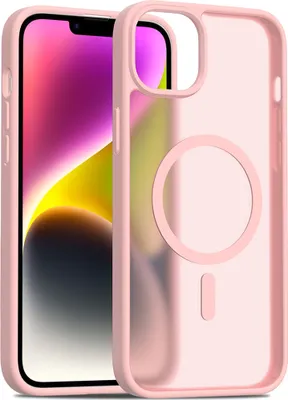 A pink iPhone case with a transparent back is shown next to an iPhone.