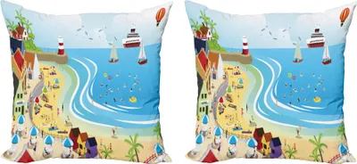 Zdjęcie produktu dla Zestaw poszewek na poduszki plażowe ABAKUHAUS (2 szt.), Tropikalne letnie destynacje wakacyjne Ilustracja miasta z kreskówki Statki Balon, 45 x 45 cm, wielokolorowy