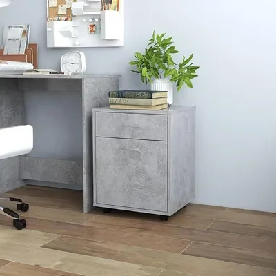 Produktbild von Rollschrank Betongrau 45x38x54 cm Holzwerkstoff Rollcontainer mit Tür und Schublade, Mobiler Aktenschrank mit Rollen, Bürocontainer Beistelltisch für Wohnzimmer, Büro