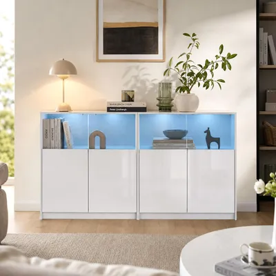Produktbild von Sideboard Hochglanz Weiß 150x40x80cm MDF, LED-Leiste mit 8 Farbmodi, Stauraumschrank für Wohnzimmer & Esszimmer