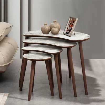 Produktbild von Skye Decor, Hochwertiger Nesting Tisch (4 Teile), Weiß, 40x55x75 cm | 100% MDF, 18 mm dick, Holzbeine | Modernes Marmor-Design, ideal für Zuhause und Büro, elegant und funktional.