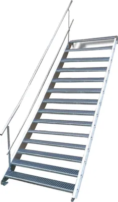 Produktbild von Tailor Made Metal Stahltreppe Wangentreppe, Breite 100cm, Höhe 210-280cm, 14 Stufen, einseitiges Geländer, Außenbereich, beidseitig montierbar, feuerverzinkt nach DIN EN ISO 1461