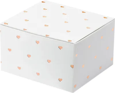 Produktbild von 10 weiße Geschenkboxen mit roségoldenen Herzen bedruckt, aus Papier