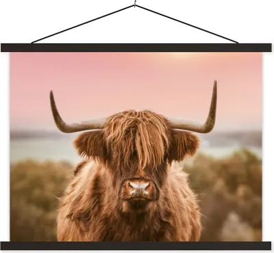Produktbild von MuchoWow® Textilposter Schottisches Hochlandrind - Kuh - Horizont 120x90 cm mit schwarzem Rahmen - Aufhänger für Poster