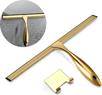 Produktbild von Duschabzieher aus Edelstahl mit Klebehaken, Badwischer, Wasserabstreifer, Fenster Spiegelabzieher, Glaswischer für Duschtür, Glastür, Fliesenwand, Auto (10inch Gold)