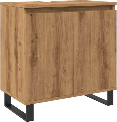 A standalone image of a wooden cabinet with black legs against a white background.