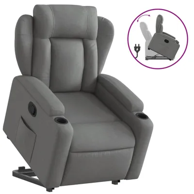 A grey recliner chair with a lift assist feature, shown on a white background. An inset diagram illustrates the lift function and power cord.