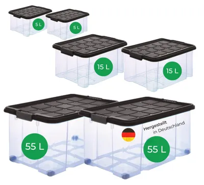 Produktbild von Novaliv 6 tlg Sparset Aufbewahrungsbox mit Deckel Anthrazit 2x 55 L + 2x 15 L + 2x 5 L Nestbar stapelbar Clipverschluss Rollboxen BPA-frei