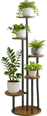 Image de Étagère à plantes Relaxdays, 5 niveaux ronds, H x l x P : 118,5 x 58 x 58 cm, étagère d'intérieur pour plantes, style industriel, noir/marron