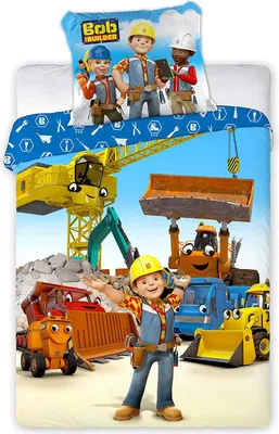 A bedding set featuring characters and vehicles from Bob the Builder.
