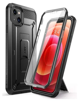 A black protective case for an Apple iPhone 13 is shown with a clear screen protector.