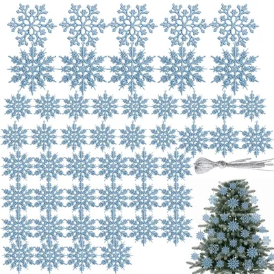 50 blaue Glitzer-Schneeflocken, 2 Formen, 3 Größen, Weihnachtsbaumdeko