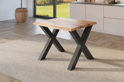 Produktbild von Esstisch Baumkante Holz-Optik Wildeiche 80 x 80 X-Gestell schwarz JULIUS