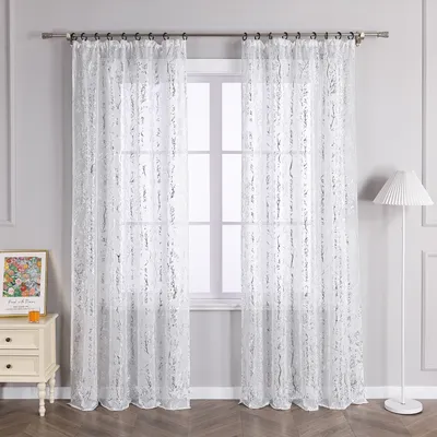 Produktbild von Joyswahl Vorhang mit Kräuselband Voile Gardinen mit glänzendem Zweigdruck Transparent Schlafzimmer Wohnzimmer HxB 260x140 cm Silber 1 Stück