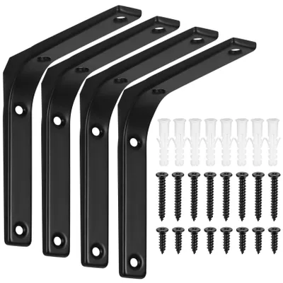 Immagine prodotto di 4 angolari metallici per mensole, supporti per mensole neri, 125x125 mm