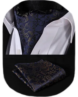 Productafbeelding van Set van herenaccessoires: sjaal met bloemenprint, paisley-motief, ascot, zakdoek, marineblauw/bruin, one size