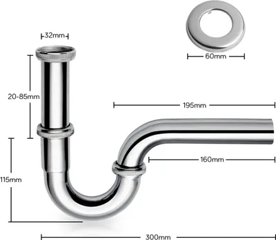 Produktbild von siphon waschbecken abflussrohr waschbecken [extra lang]  300mm - 1/4"" Ablaufgarnitur, Chrom Siphon inkl. Gummimanschette für Wandanschluss - Geruchsverschluss, Abflussgarnitur