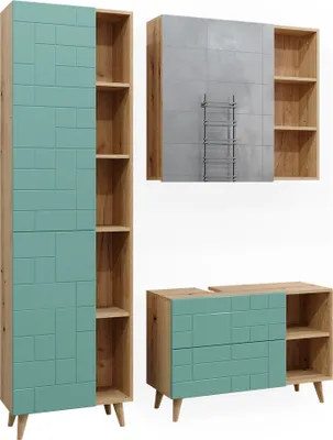 Immagine prodotto di Set di mobili da bagno Vicco Rudi Verde menta 3 parti, con colonna, Model 40599