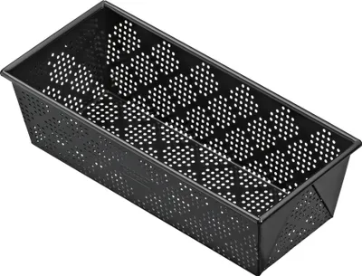 A black perforated loaf pan is shown from a diagonal angle on a white background.