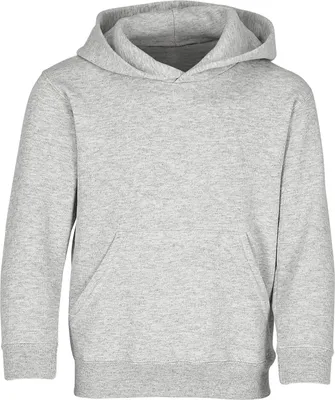 A plain studio shot of a grey hooded sweatshirt for children.