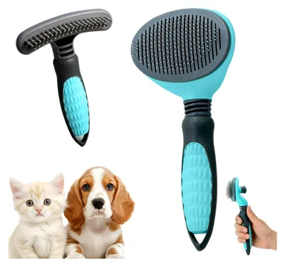 Produktbild von 2 Stück Hundebürste und Katzenbürste, 1 Stück Unterwolle Bürste für Hunde mit Reinigungsknopf + 1 Stück Fellbürste, Haustier Fellentwirrer und Entfilzer, entfernt sanft Unterwolle und Verfilzungen