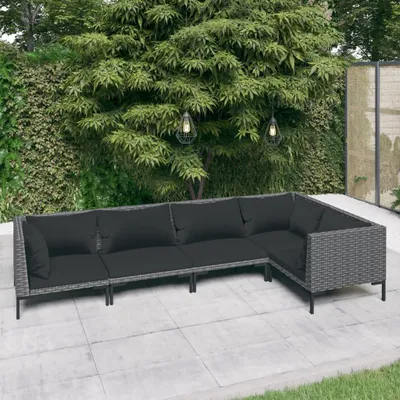 Productafbeelding van 5-delige loungeset voor de tuin met kussens, gemaakt van polyrotan, in donkergrijs