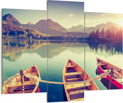 Produktbild von Bild auf Leinwand - Leinwandbild - Berge See Boot - 130x100cm - Wand Bild - Wanddeko - Wandbilder - Leinwanddruck - Bilder - Kunstdruck - Wanddekoration - Leinwand bilder - Wandkunst - CB130x100-3652