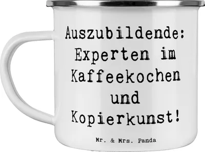 Produktbild von Mr. & Mrs. Panda Emaille Tasse Spruch Auszubildende Kaffeekünstler - Weiß - Geschenk, Berufskarriere, Beruf, Berufsalltag, Berufserfahrung, Pott, Becher, Teetasse