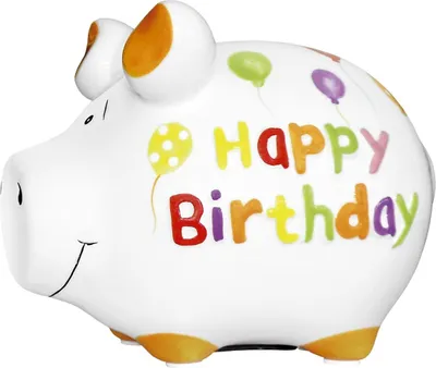 Produktbild von Sparschwein Happy Birthday Keramik weiß 12,5x9x9cm