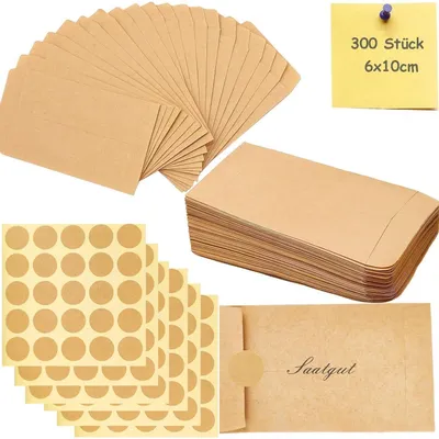 Zdjęcie produktu dla Brązowe papierowe torebki, małe, 300 sztuk, wraz z 150 naklejkami o wymiarach 6x10 cm, idealne do przechowywania nasion i pakowania prezentów