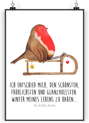 Produktbild von Mr. & Mrs. Panda Bild Rotkehlchen Schlitten DIN A3 - Weiß - Geschenk, drucke, Kunstdruck, Vogel, wanddeko, Weihnachten, poster, Plakat