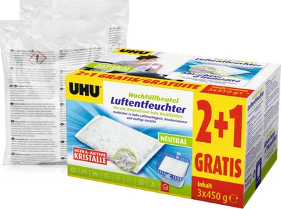 A product box for UHU Luftentfeuchter refill bags, with two bags shown behind it.