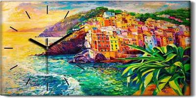 Produktbild von Leinwand Uhr Küche Wohnzimmer Bild Geräuschlos Kunstdruck 60x30 Dorf - schwarze Hände