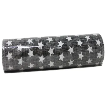 Produktbild von Dekoband Juteoptik grau mit Sternen Weihnachtsmotiv 270cm x 24cm