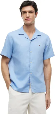 Obrázek produktu pro Pánská košile Tommy Hilfiger z lněné směsi, jednobarevná, krátký rukáv, model MW0MW44266, barva: modrá