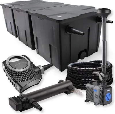Obrázek produktu pro SunSun kompletní sada: CBF-350C jezírkový filtr do 90000 l, CTF-8000 jezírkové čerpadlo 8000 l/h 70 W, CUV-324 jezírkový odkalovač 24 W, 25 m jezírková hadice 25 mm, CTP-2803 fontána 3000 l/h 10 W