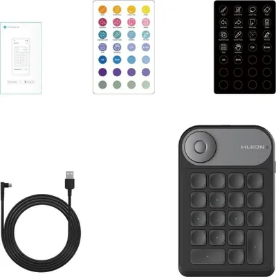 A collection of digital art accessories and components, including a graphics tablet keypad, a USB cable, and instructional diagrams.