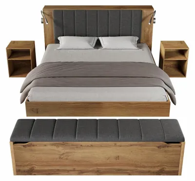 Image de Lit double - Structure en bois - 160 x 200 cm - Rangement intégré - Tête de lit rabattable - 2 tables de chevet - Lampes de lecture USB - Chêne