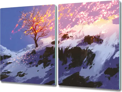 Produktbild von Coloray Hackbrett Kochplattenabdeckung Herdabdeckplatte 2x40x52 cm Schneidebrett Küchenbrett - Berg Baum Winter Schnee