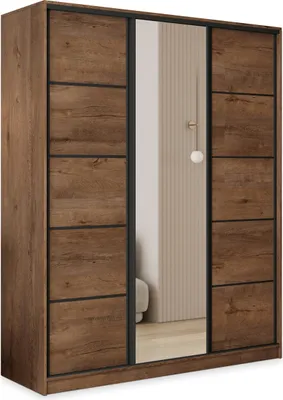 Produktbild von Masseno Schiebetürenschrank PINA 150/205/58 cm Kleiderschrank mit 4 Schubladen Schlafzimmer Schrank 3-türig mit Spiegel Eiche Lefkas