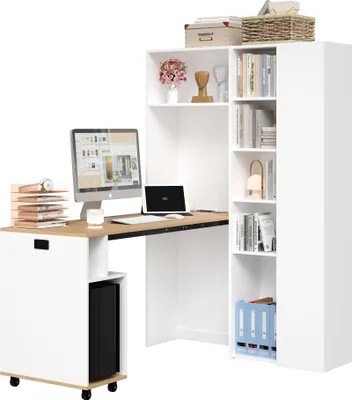 Produktbild von Merax Klappbarer Schreibtisch mit Regal, 2-in-1 Bücherregal & Computertisch, mit Steckdose, USB, Höhenverstellbare Ablagen, 104,5×30,5×160 cm, Weiß