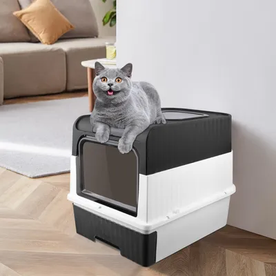 Produktbild von Katzentoilette mit Deckel, Katzenklo Groß,Geruchlose Katzentoilette mit Kapuze, mit Streuschaufel 49x37x35cm Schwarz+Weiß