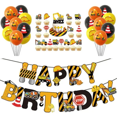 Produktbild von Bagger-Party Deko Set für Kindergeburtstag – Komplettes Baustellen-Dekoset mit Banner, Kuchensteckern & Luftballons, sicher & einfach aufzubauen