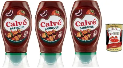 Produktbild von 3x Calvé Salsa Barbeque BBQ-Sauce mit starkem Holz- und Raucharoma, ideal für alle Fleischgerichte, 250 ml 250ml + Italian Gourmet polpa 400g