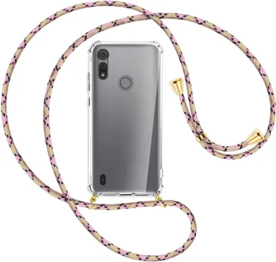 Produktbild von Handykette Backcover-Schutzhülle mit Band (Metall goldfarben) für Motorola Moto E6s - rosa Karo