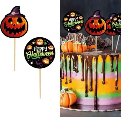 Produktbild von Halloween Kürbis Tortenstecker Party Dekoration Gruselige Feier Tortendekor grinsender Kürbis Hexenhut Gruselnacht Torte Essdeko Saisongeometrien, Farbe: Mehrfarbig