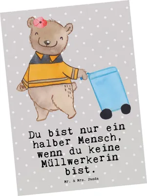 Produktbild von Mr. & Mrs. Panda Postkarte Müllwerkerin Herz - Grau Pastell - Geschenk, Lustig, Grußkarte, Müllfrau, Witzig, Spruch, Ansichtskarte, Ansichtskarten, bildkarte, Postkarten