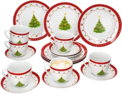 Productafbeelding van Koffieservies 18-delig - Porseleinen servies - Feestelijke koffiemomenten - Kerstdecoratie design - 6 personen - Wit met rood