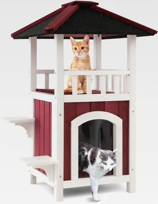 Produktbild von Katzenhaus Outdoor Winterfest, Katzenhütte Holz mit 2 Etagen, Katzenhöhle mit Terrasse & Asphaltdach & Vorhang & 2 Sprungtürmen, Katzenvilla draußen, Holzhütte für Katzen, 58 x 50 x 87 cm