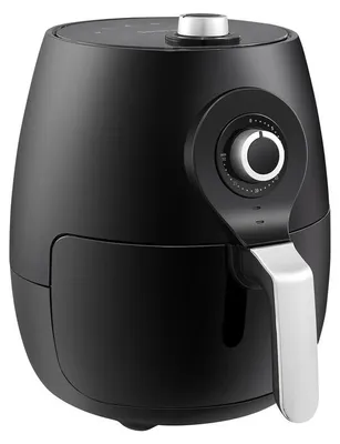 A black air fryer with a silver handle and dial is shown against a white background.